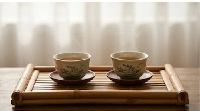 Hai tách trà đạo đặt đối diện nhau trên khay tre tượng trưng cho sự đối kháng trực tiếp của tứ hành xung