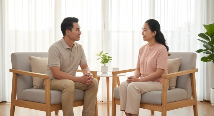 Hai vợ chồng trò chuyện ôn hòa trong phòng khách yên tĩnh khắc phục bất đồng và xung khắc giữa tuổi Thìn và Tuất