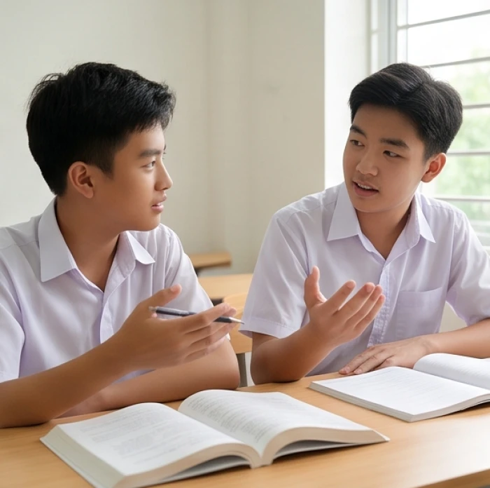 Hai học sinh có ý kiến đối lập nhau khi tranh luận giải pháp làm bài tập nhóm môn vật lý tại lớp