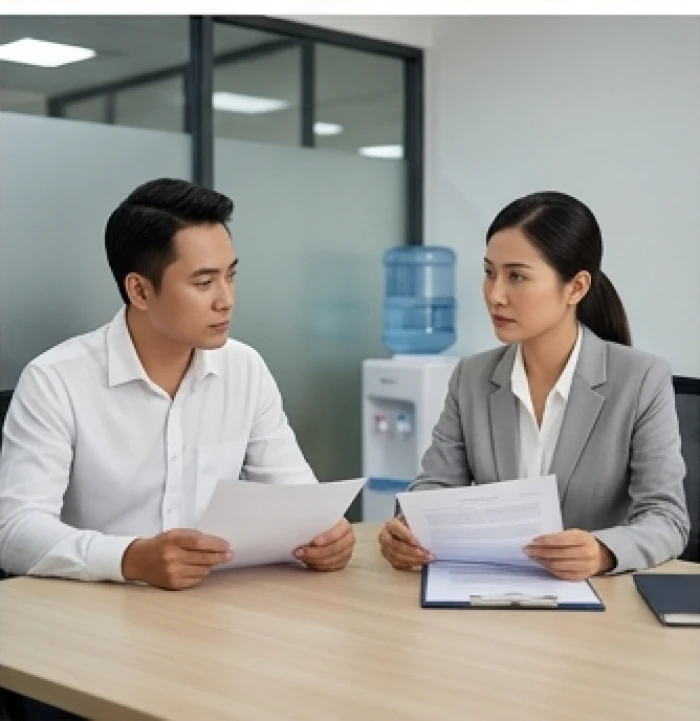 Hai người đồng nghiệp ngồi thảo luận với nét mặt suy tư thận trọng minh họa bất đồng quan điểm khi kỵ tuổi