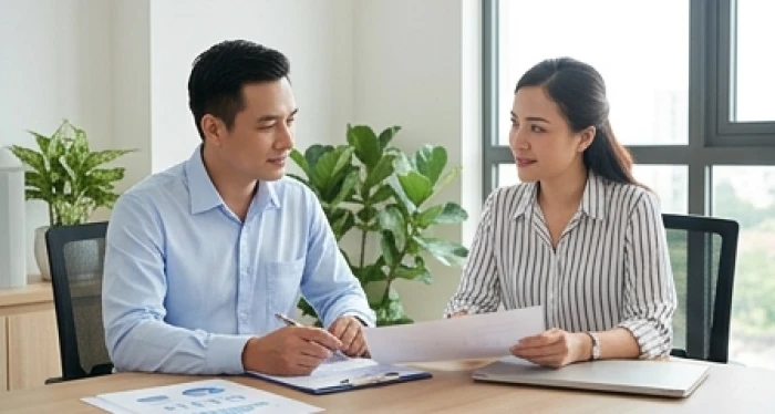 Hai đồng nghiệp thảo luận công việc trong văn phòng hiện đại thể hiện sự dung hòa năng lượng can chi