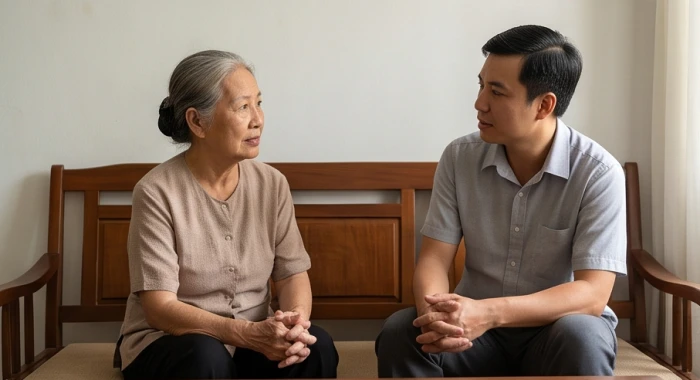 Hai thế hệ trong gia đình đang ngồi trò chuyện tại phòng khách, không khí đôi lúc trầm lắng do bất đồng quan điểm sống