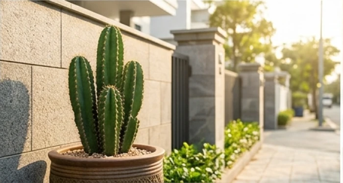 Chậu cây xương rồng gai lớn được bố trí bên ngoài tường rào sân trước nhằm hóa giải góc nhọn từ công trình đối diện