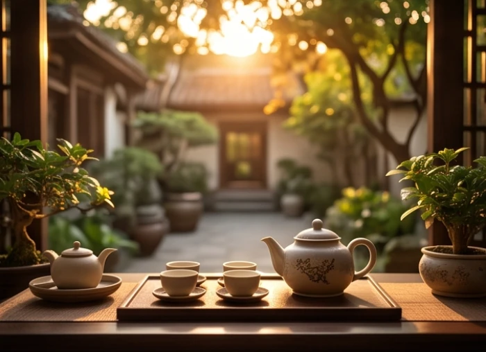 Góc trà đạo thanh bình lúc hoàng hôn phản ánh nhịp sống an nhàn bền vững của người tuổi Đinh Hợi 2007 sinh giờ Hợi