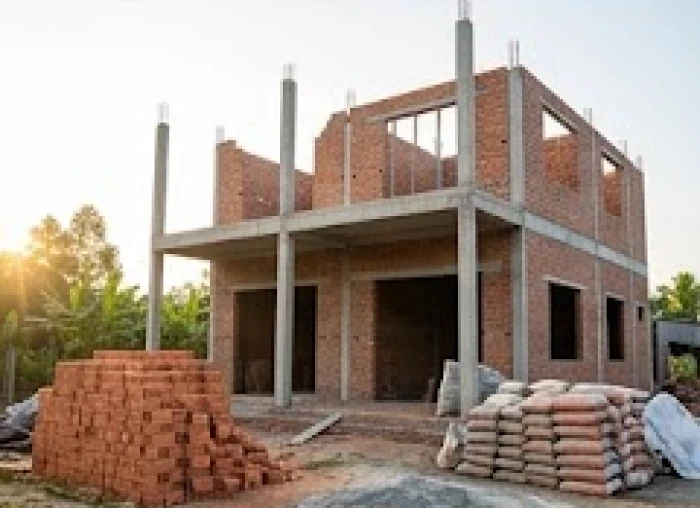 Ngôi nhà đang xây dang dở với các trụ bê tông vững chắc dưới ánh nắng ấm áp của buổi sáng