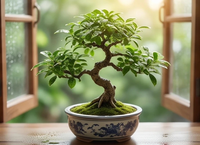 Chậu cây bonsai non đang được chăm sóc tỉ mỉ thể hiện sự tích lũy nội lực của trạng thái Dưỡng